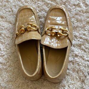 Bottega Veneta Croc-Embossed Tan Loafers with Gold Chain